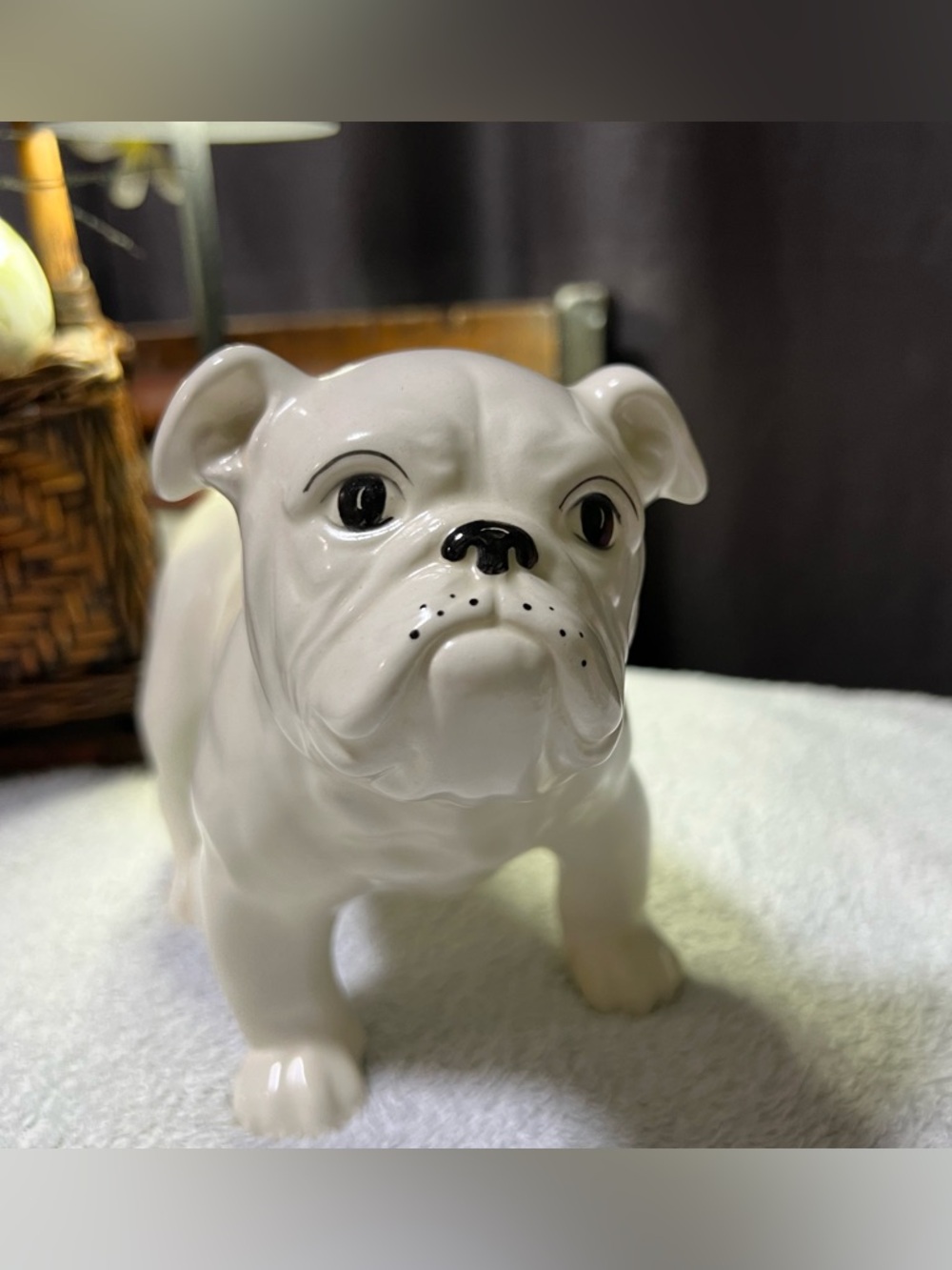 Vintage Ceramic Bulldog Figurine White Glossy English Bulldog Statue Mid Century